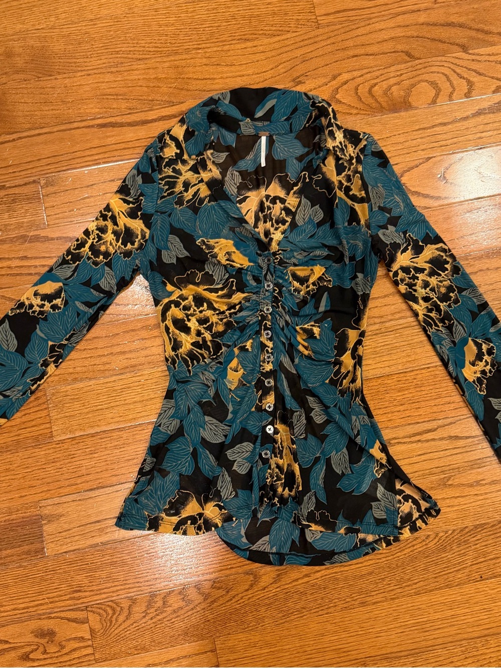 Free People Teal, Mustard & Black Floral Ruched Button-Front Top